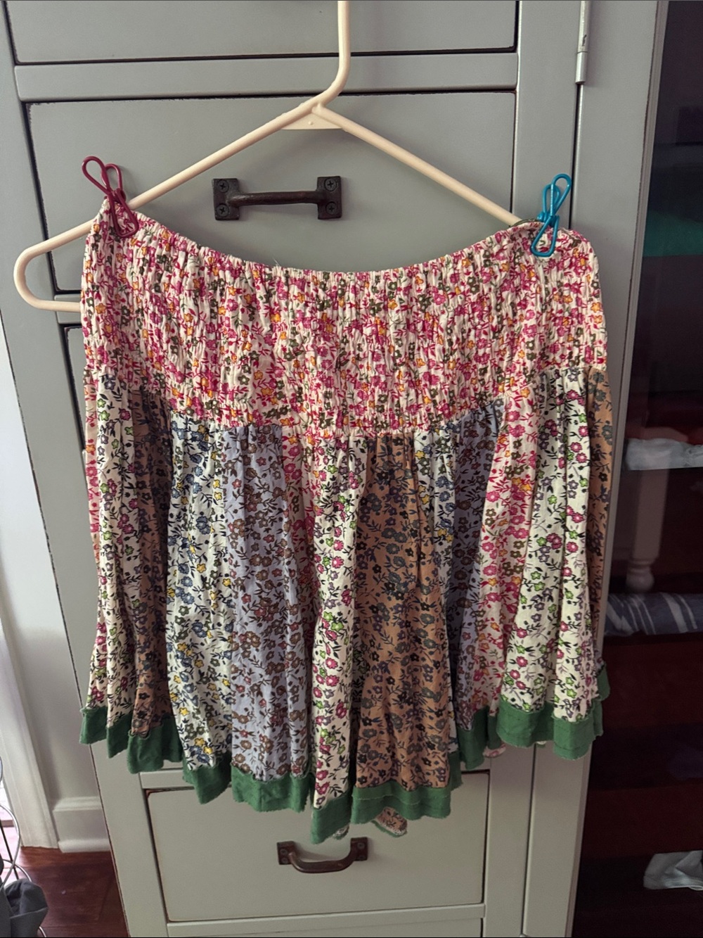 Boho Floral Tiered Mini Skirt in Green Trim